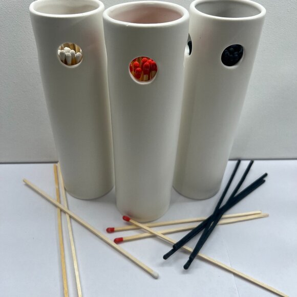 White Ceramic Matchstick Holder with 50 - 7" Matches and Striker Pad - Picture 1 of 11